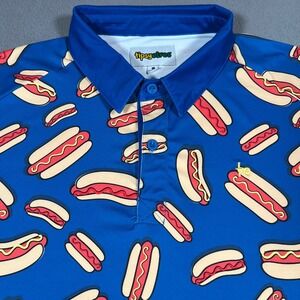 Tipsy Elves Hot Dog Polo Shirt Short Sleeve Blue Mens L Golf BBQ Summer